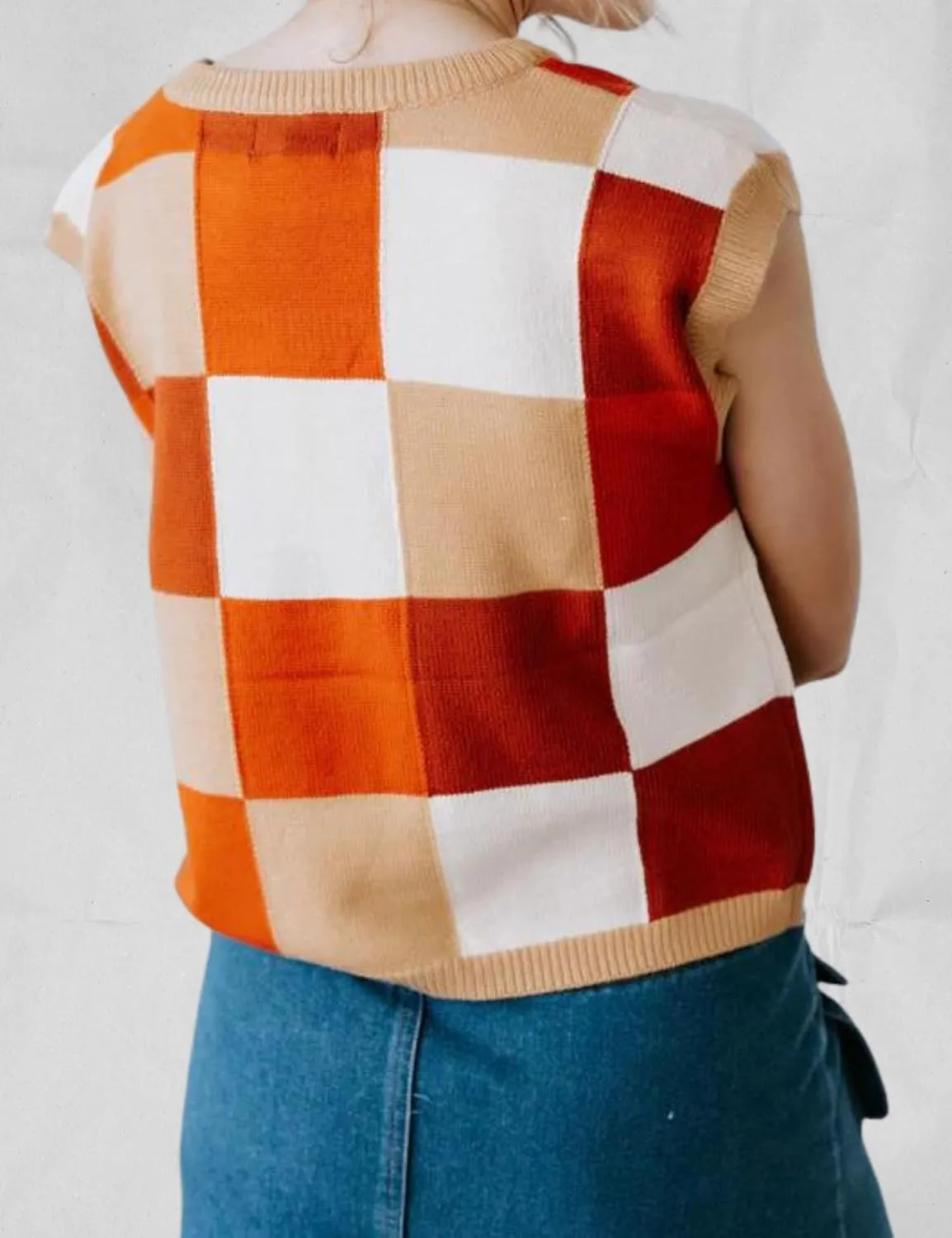 Esmeling Womens Crew Neck Cap Sleeve Sweater Vest Trendy Checkered Knitted Pullover Tank Tops