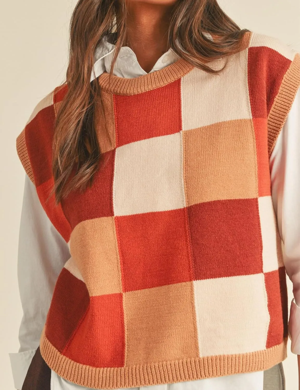 Esmeling Womens Crew Neck Cap Sleeve Sweater Vest Trendy Checkered Knitted Pullover Tank Tops