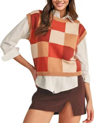 Esmeling Womens Crew Neck Cap Sleeve Sweater Vest Trendy Checkered Knitted Pullover Tank Tops