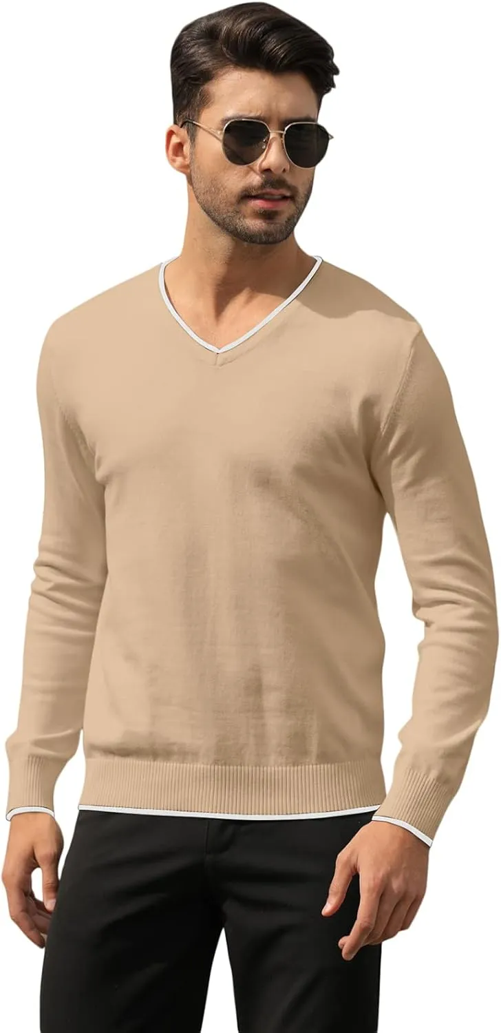 Esobo Men's Cotton V Neck Sweater Knitted Jumper Sweater Long Sleeve Pullover Top