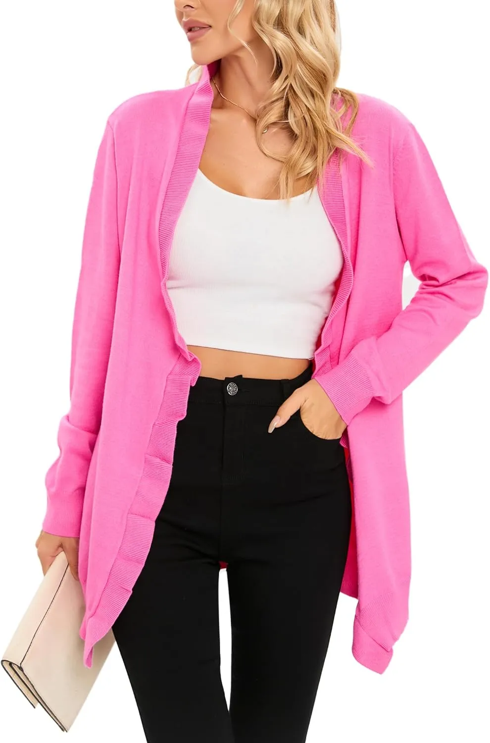 Famulily Cardigan Sweaters for Women Long Sleeve Open Front Coat Ruffle Collar Knit Cardigans