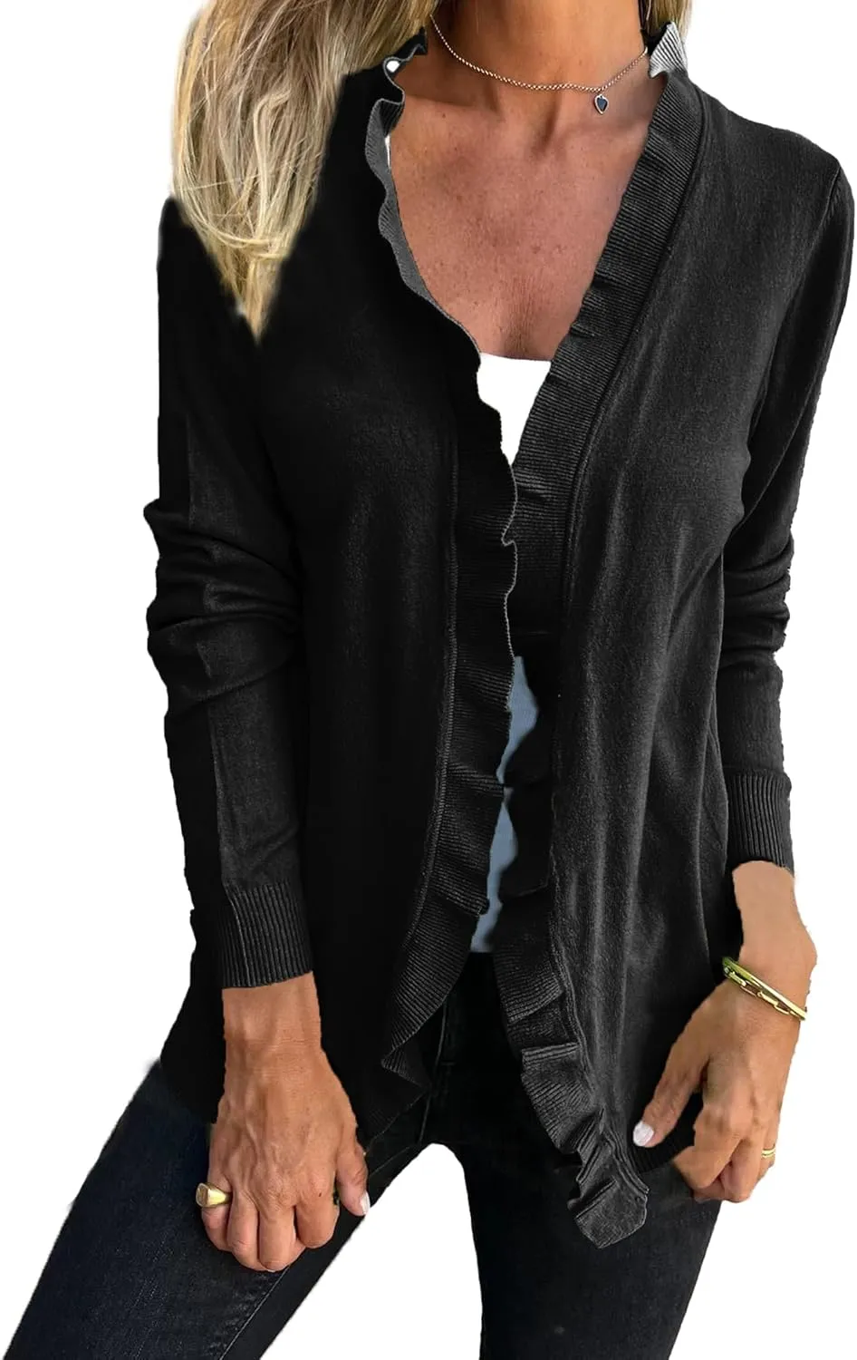 Famulily Cardigan Sweaters for Women Long Sleeve Open Front Coat Ruffle Collar Knit Cardigans