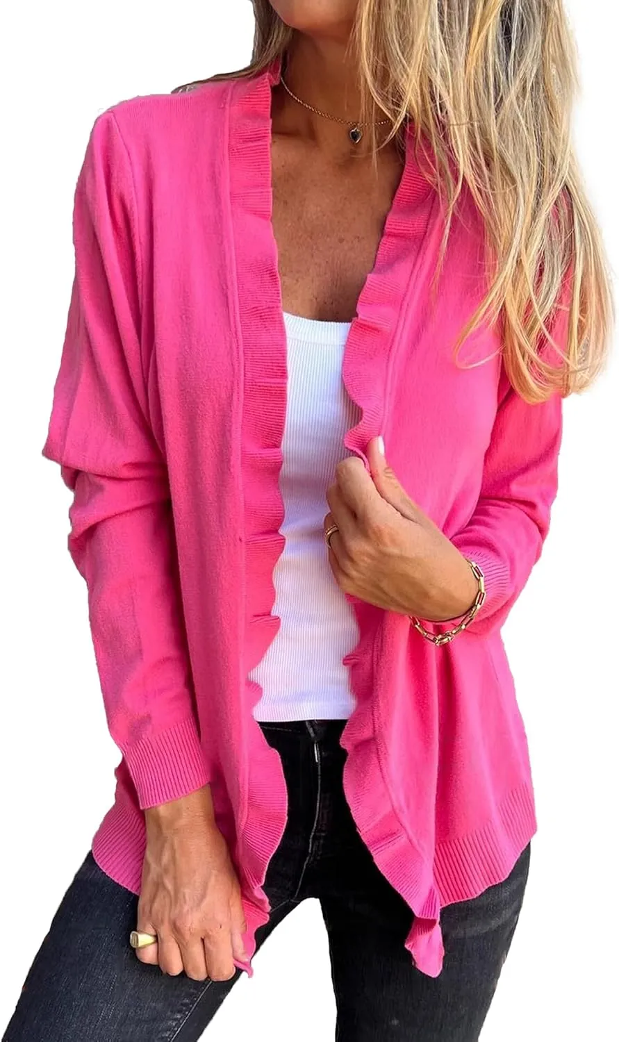 Famulily Cardigan Sweaters for Women Long Sleeve Open Front Coat Ruffle Collar Knit Cardigans