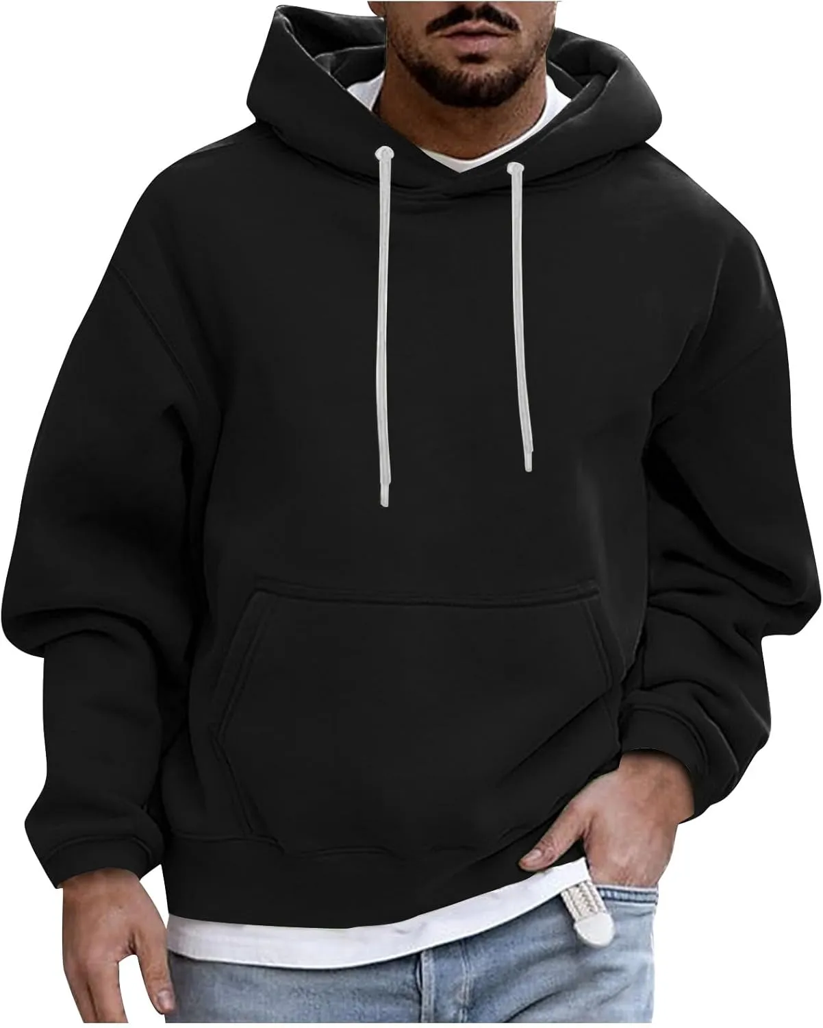 Fashion Hoodies for Men Plus Size Solid Long Sleeve Drawstring Pullover 2024 Fall Winter Hooded Sweatshirts