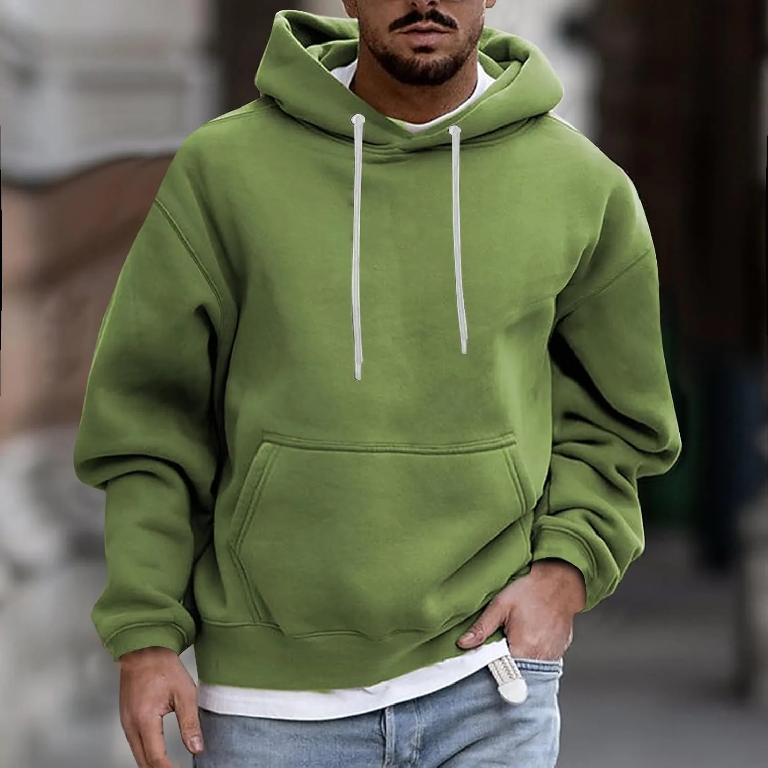 Fashion Hoodies for Men Plus Size Solid Long Sleeve Drawstring Pullover 2024 Fall Winter Hooded Sweatshirts