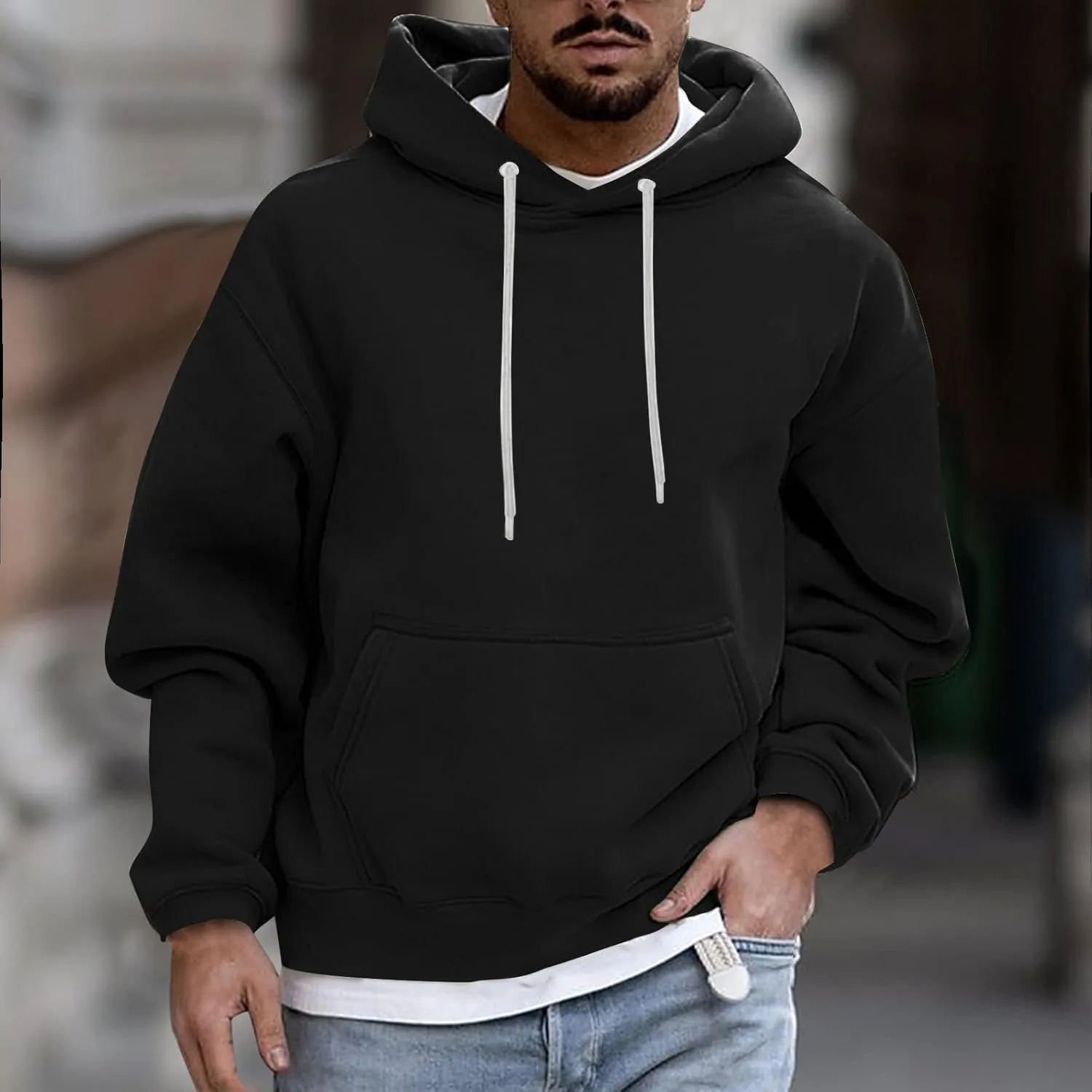 Fashion Hoodies for Men Plus Size Solid Long Sleeve Drawstring Pullover 2024 Fall Winter Hooded Sweatshirts