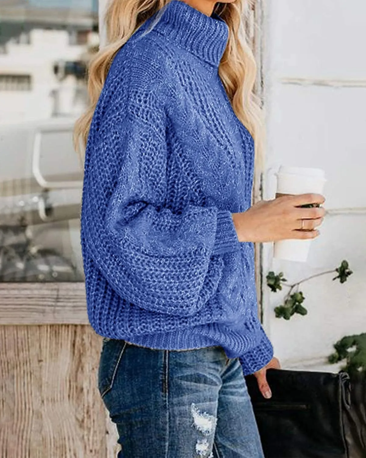 Fashionme Chic Ballon Sleeve Winter Turtleneck Chunky Sweater Slouchy Oversized Loose Pullover Outerwear Warm Thick