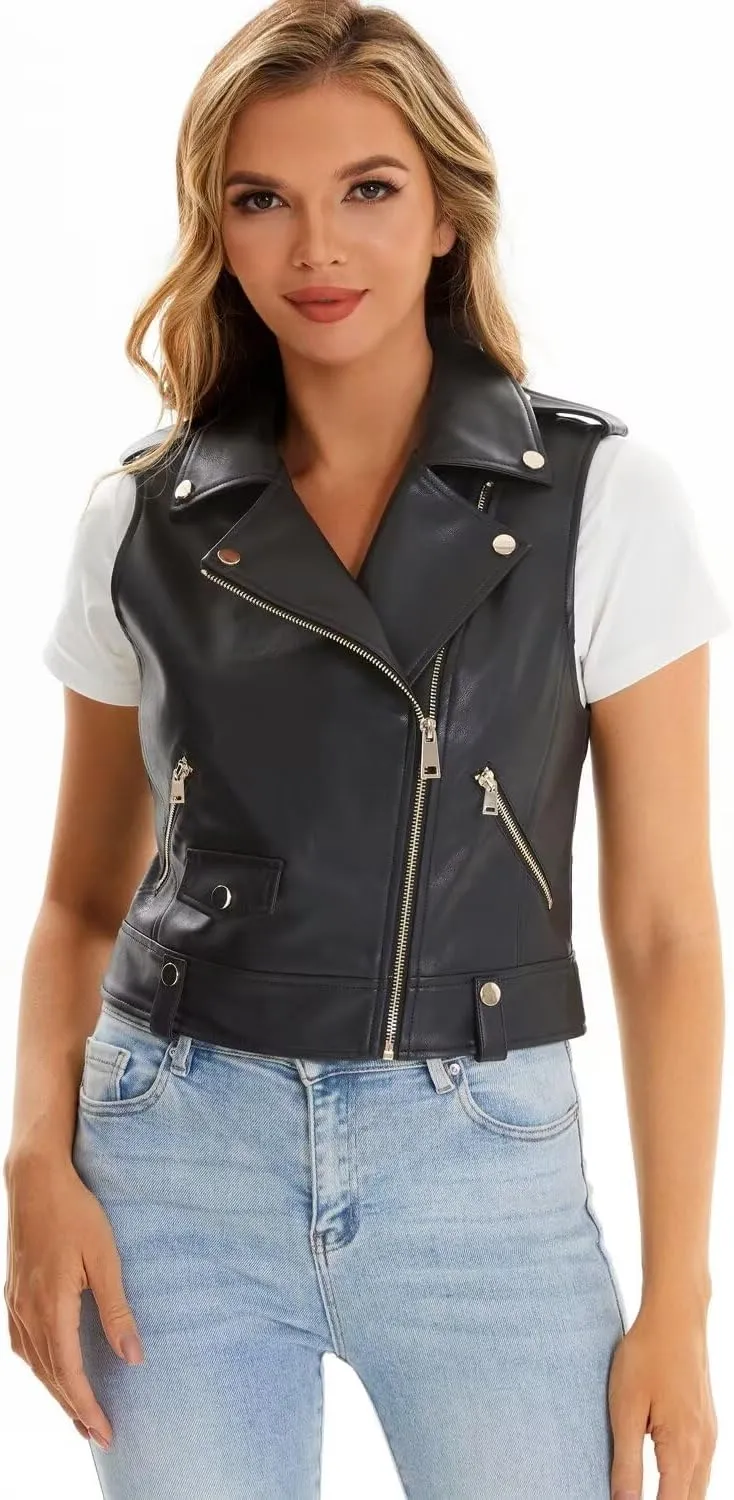 Faux Leather Vest For Women Zipper Cropped Sleeveless Biker Moto Slim PU Motorcycle Waistcoat