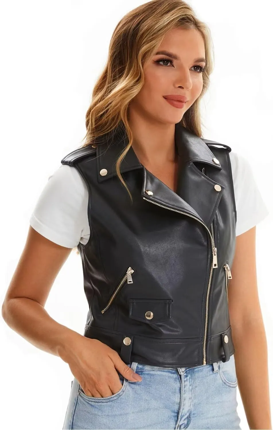 Faux Leather Vest For Women Zipper Cropped Sleeveless Biker Moto Slim PU Motorcycle Waistcoat