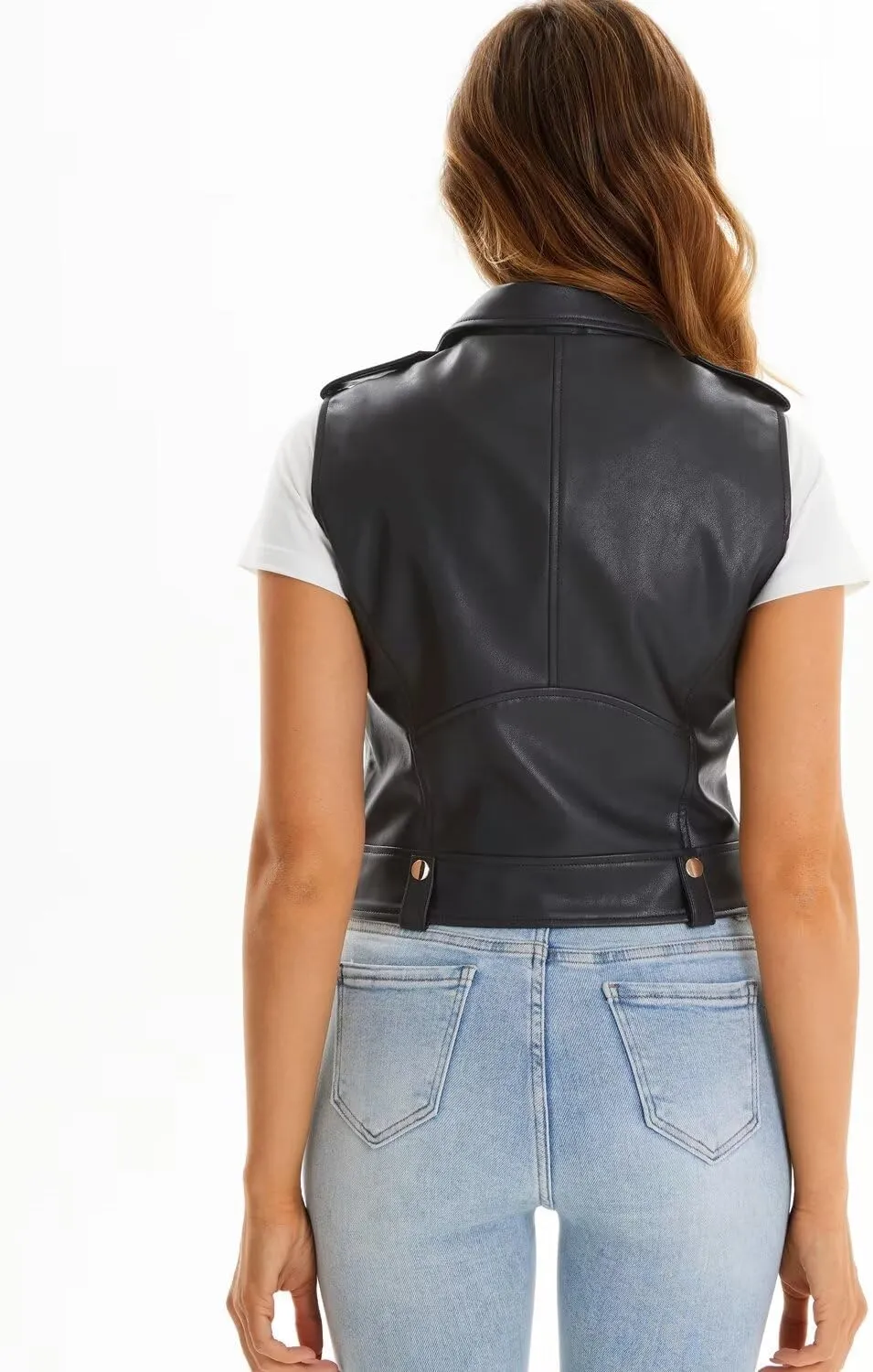Faux Leather Vest For Women Zipper Cropped Sleeveless Biker Moto Slim PU Motorcycle Waistcoat