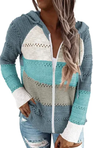 FEKOAFE Women's 2025 Fall Striped Color Block Hoodies Fashion V Neck Knit Sweater Pullovers