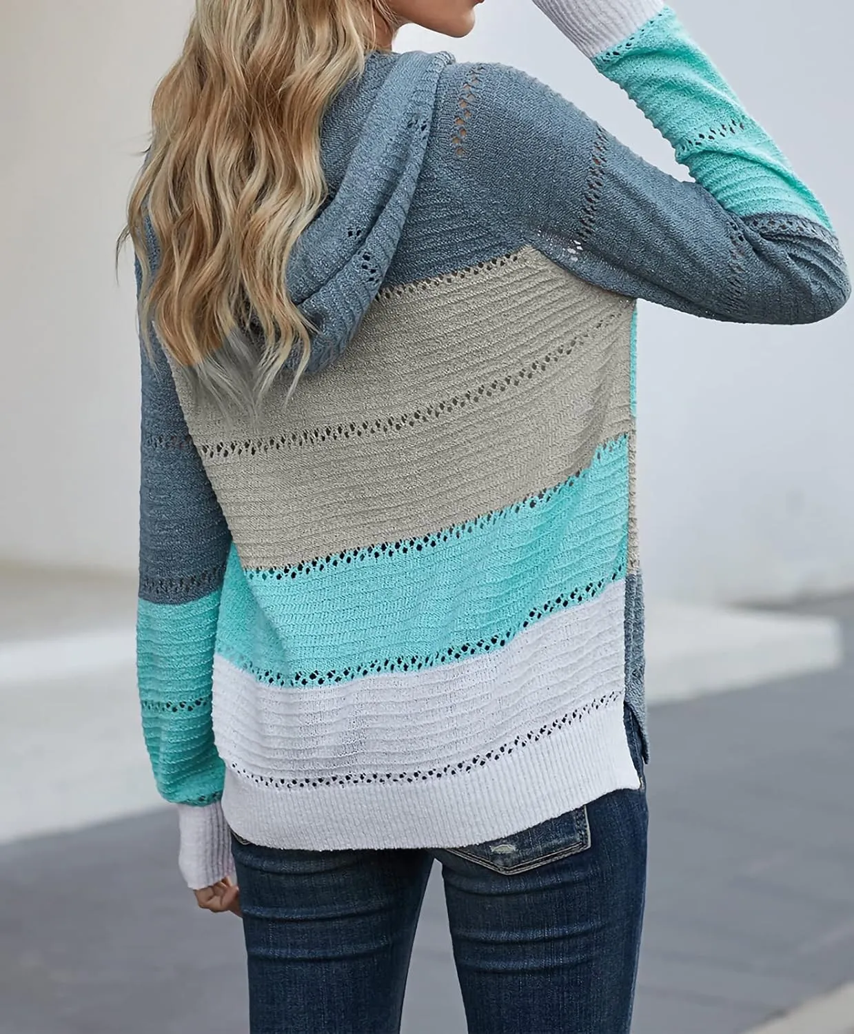 FEKOAFE Women's 2025 Fall Striped Color Block Hoodies Fashion V Neck Knit Sweater Pullovers