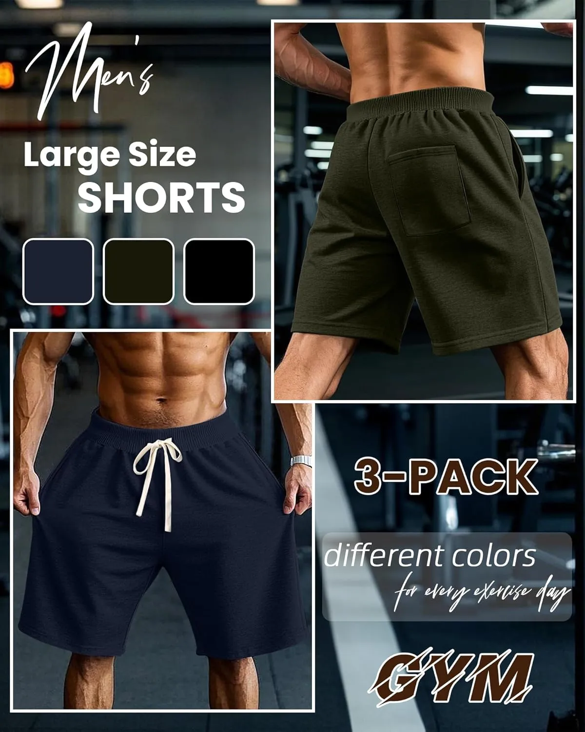 Ficerd 3 Pack Big and Tall Men's Sweat Shorts 9'' Plus Size Bermuda Drawstring Elastic Waist Shorts with 3 Pocket