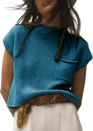 Fiona Jolin Women's Sleeveless Knit Sweater Vest Vintage Cap Sleeve Casual Mock Neck Tank Top with Front Pocket