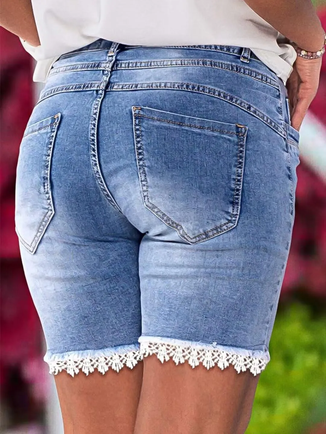 Flamingals Jean Shorts for Women Lace Trim Mid Waist Summer Trendy Stretchy Denim Shorts