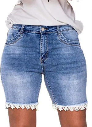 Flamingals Jean Shorts for Women Lace Trim Mid Waist Summer Trendy Stretchy Denim Shorts