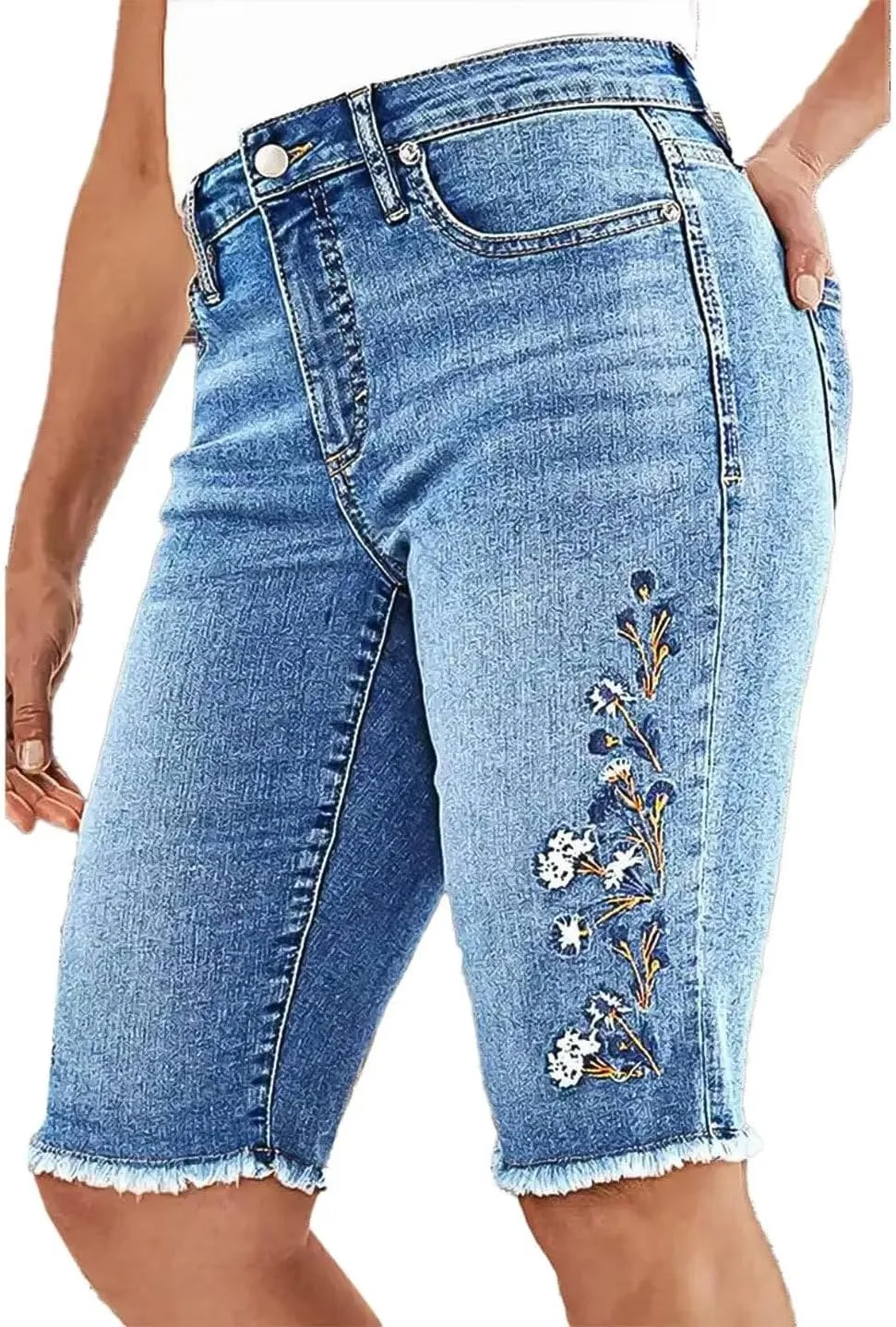 Flamingals Women's Casual Denim Shorts Mid Rise Stretchy Raw Hem Floral Embroidery Bermuda Shorts