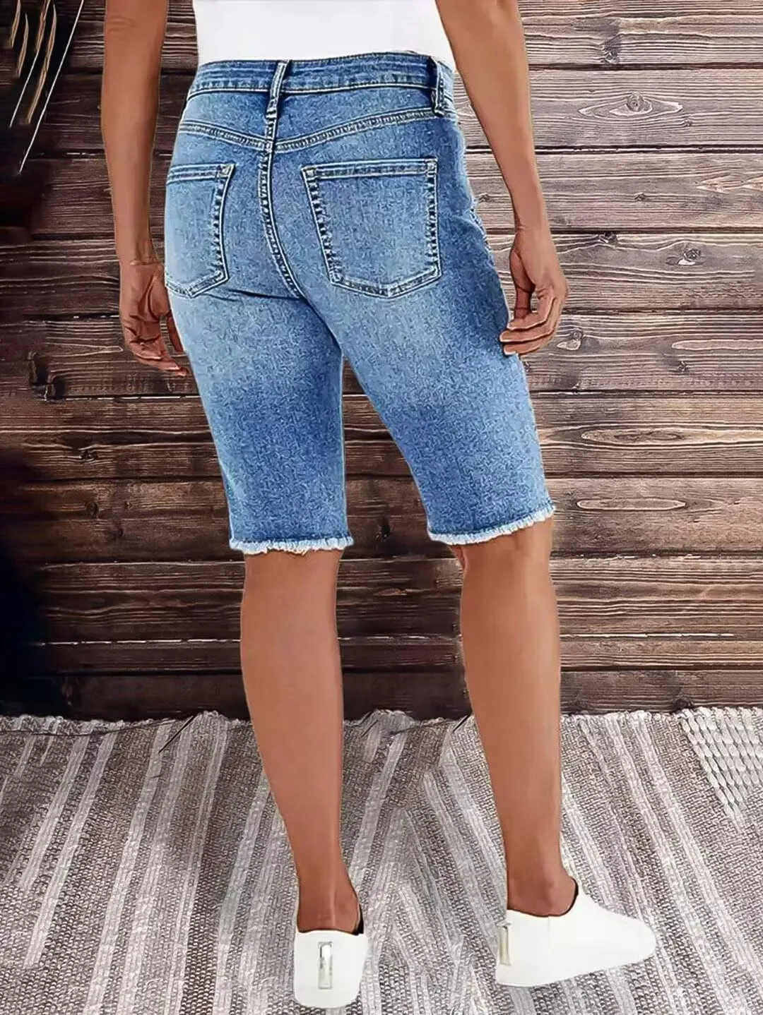 Flamingals Women's Casual Denim Shorts Mid Rise Stretchy Raw Hem Floral Embroidery Bermuda Shorts