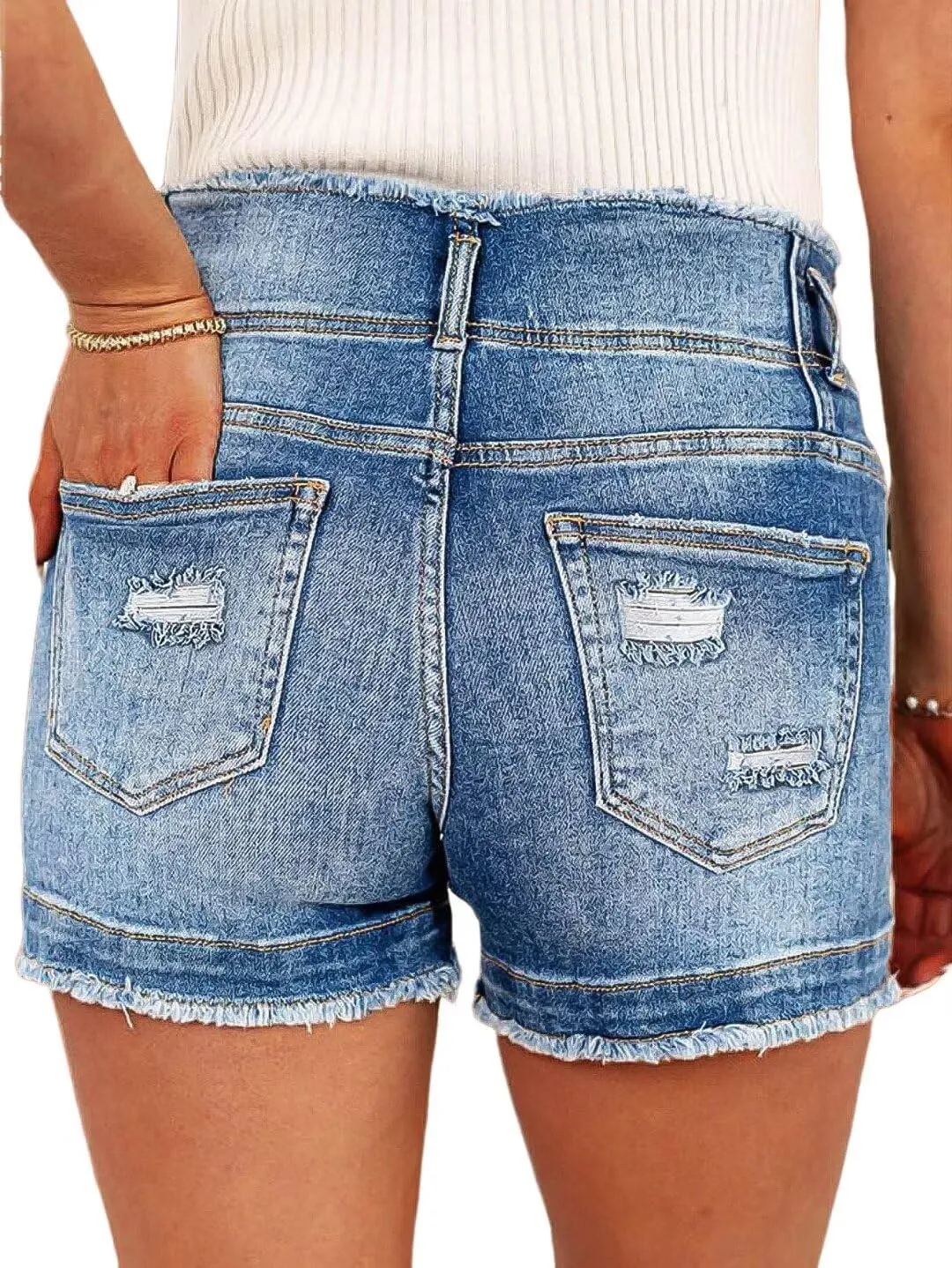 Flamingals Women's Denim Shorts Raw Hem Button Down Mid Rise Straight Leg Jean Shorts