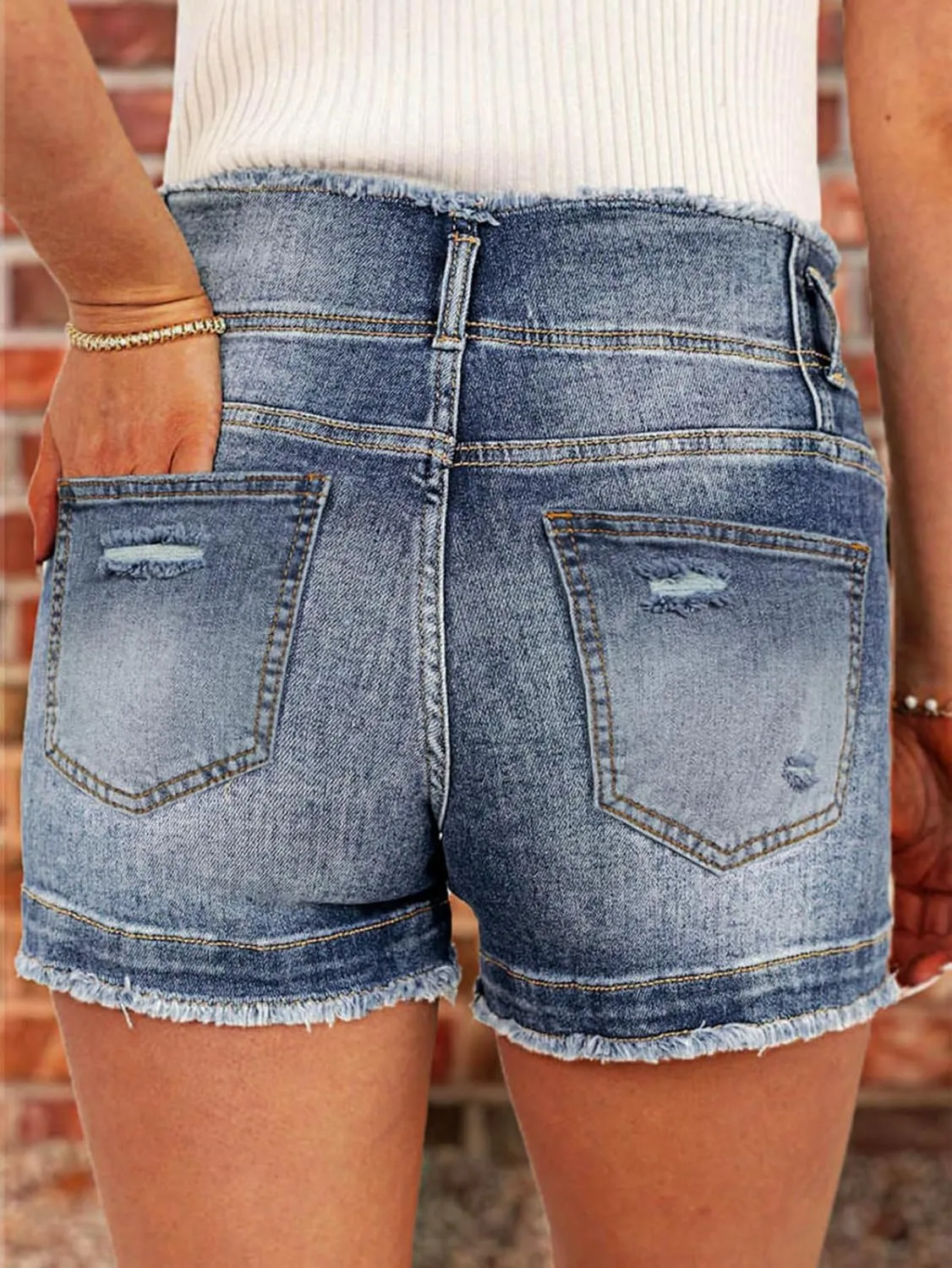 Flamingals Women's Denim Shorts Raw Hem Button Down Mid Rise Straight Leg Jean Shorts