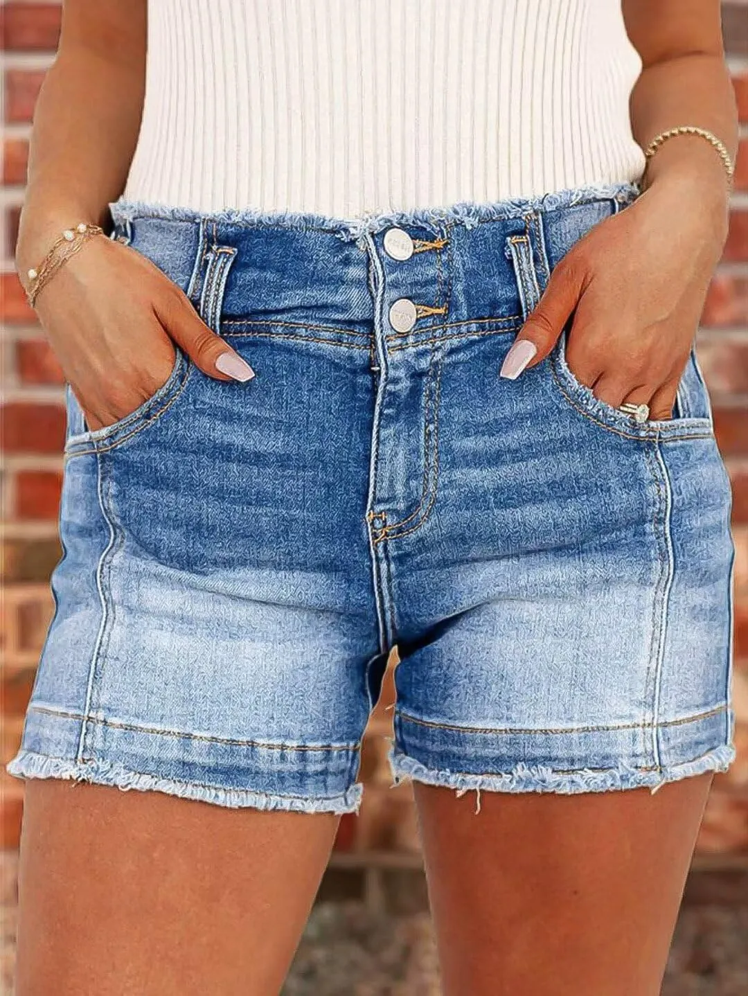 Flamingals Women's Denim Shorts Raw Hem Button Down Mid Rise Straight Leg Jean Shorts