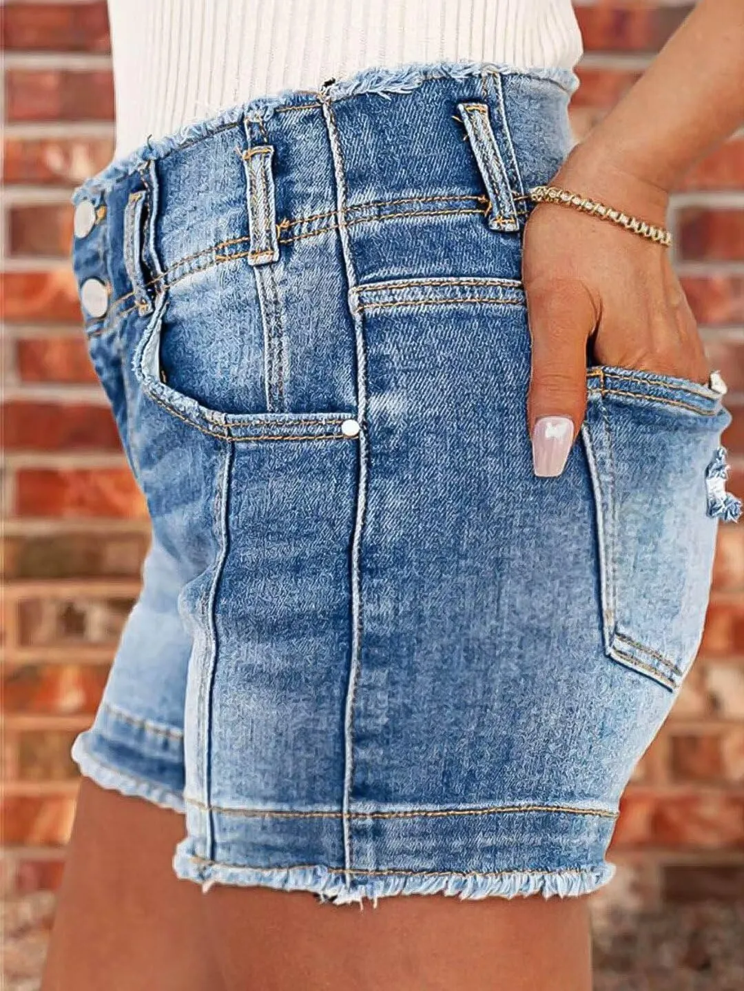 Flamingals Women's Denim Shorts Raw Hem Button Down Mid Rise Straight Leg Jean Shorts