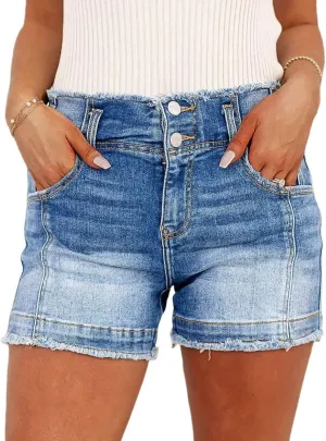Flamingals Women's Denim Shorts Raw Hem Button Down Mid Rise Straight Leg Jean Shorts