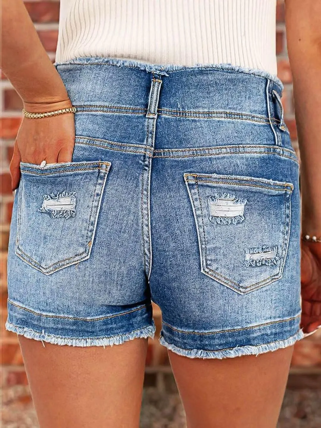 Flamingals Women's Denim Shorts Raw Hem Button Down Mid Rise Straight Leg Jean Shorts