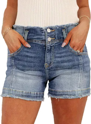 Flamingals Women's Denim Shorts Raw Hem Button Down Mid Rise Straight Leg Jean Shorts