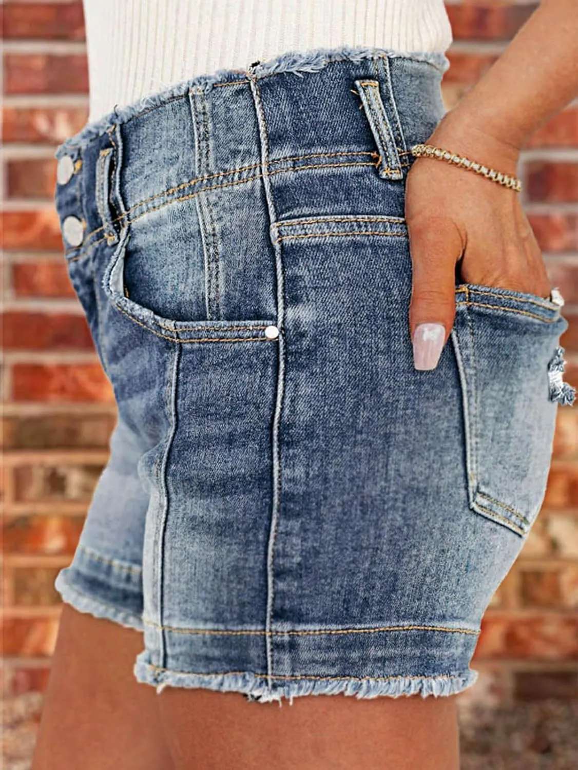 Flamingals Women's Denim Shorts Raw Hem Button Down Mid Rise Straight Leg Jean Shorts