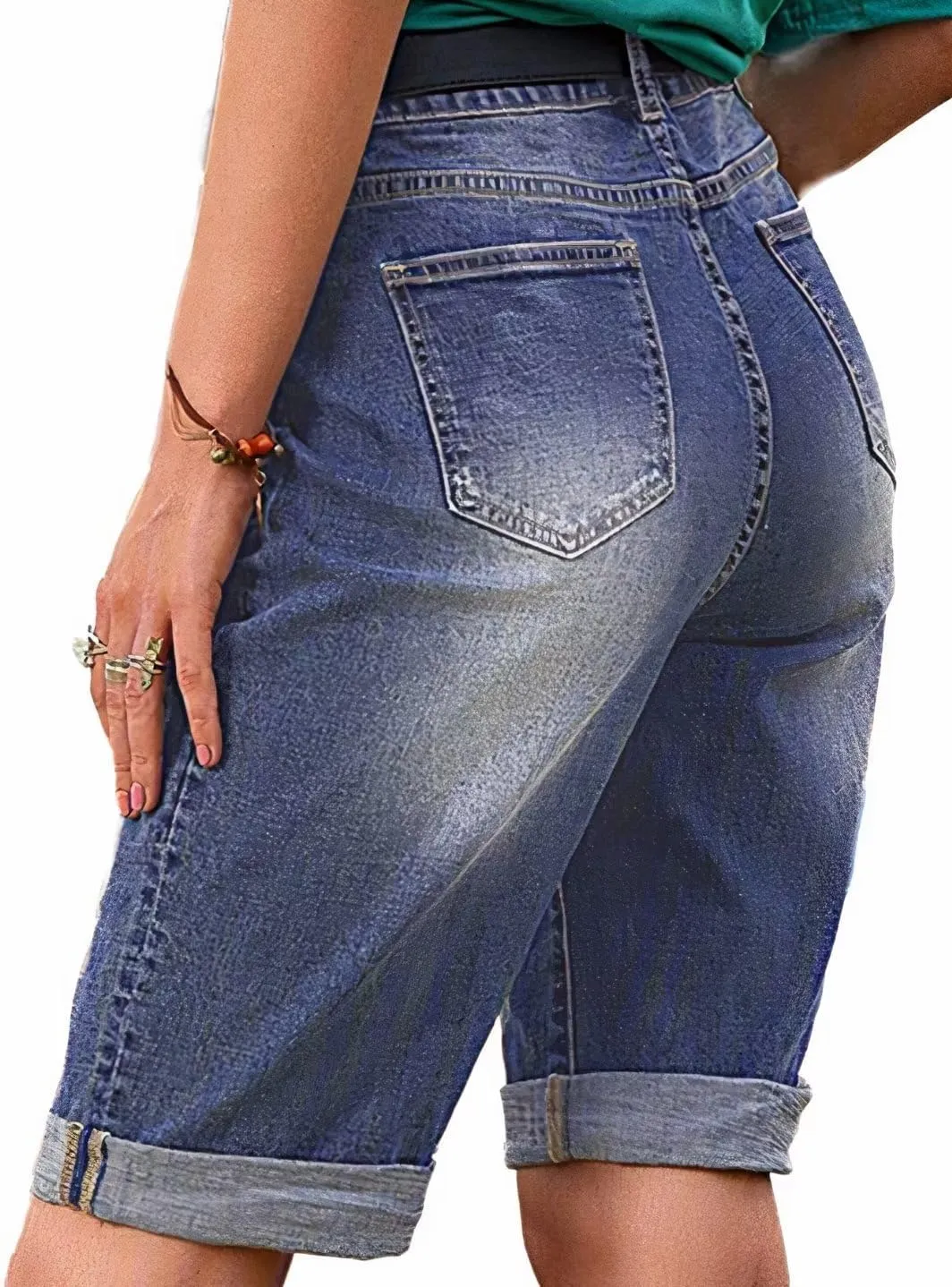 Flamingals Women's Ripped Rolled Hem Denim Bermuda Shorts Without Belt Mid Waist Casual Shorts
