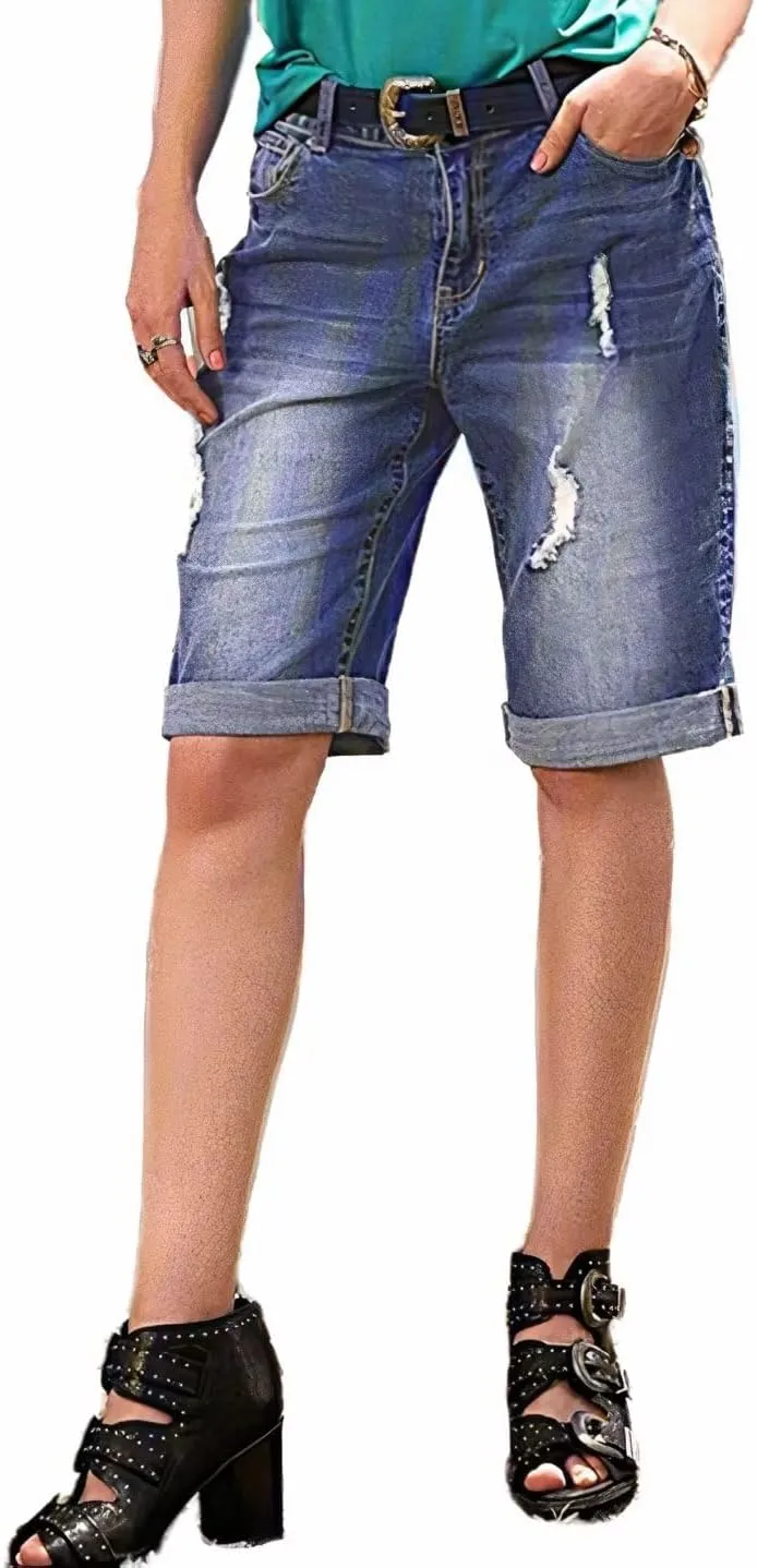Flamingals Women's Ripped Rolled Hem Denim Bermuda Shorts Without Belt Mid Waist Casual Shorts