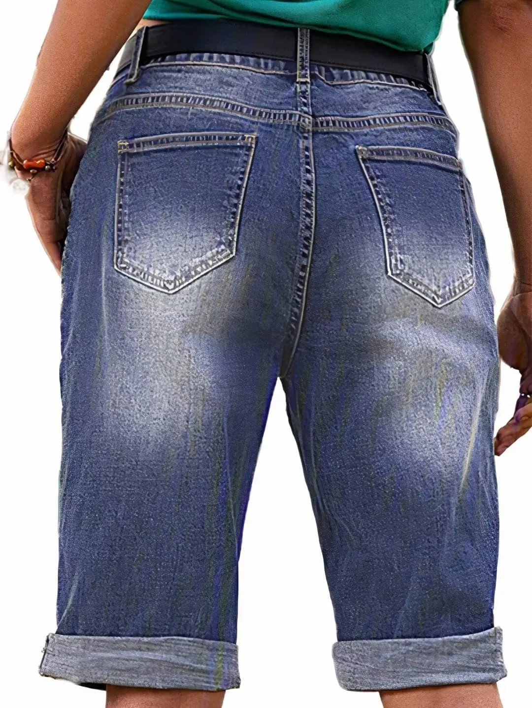Flamingals Women's Ripped Rolled Hem Denim Bermuda Shorts Without Belt Mid Waist Casual Shorts