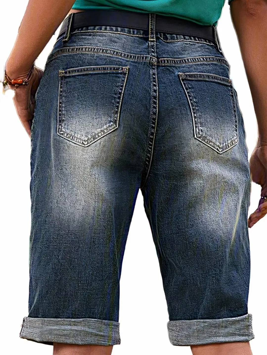 Flamingals Women's Ripped Rolled Hem Denim Bermuda Shorts Without Belt Mid Waist Casual Shorts