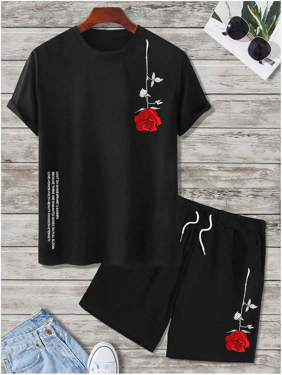 Floerns Men's Graphic Print T Shirt Drawstring Waist Shorts Set 2 Piece Outfit
