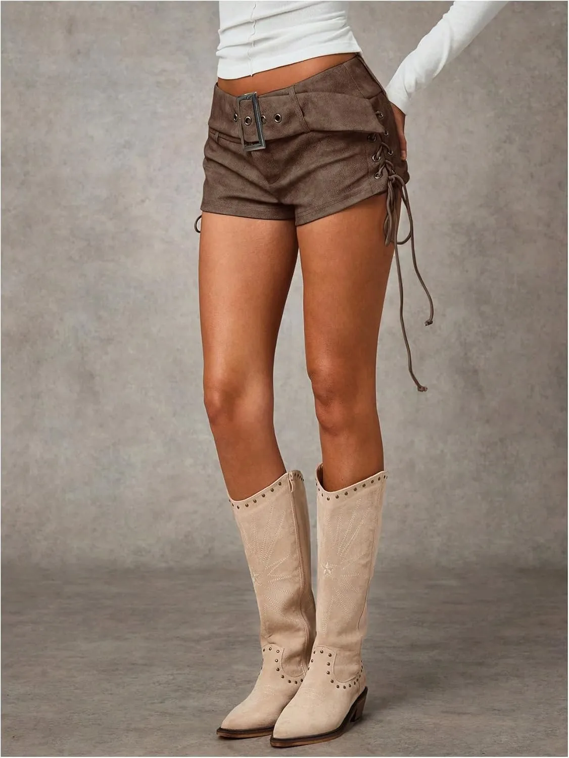 Floerns Women's Lace Up Side Low Waist Mini Shorts Buckled Belt Western Y2k Shorts