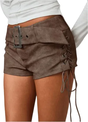 Floerns Women's Lace Up Side Low Waist Mini Shorts Buckled Belt Western Y2k Shorts