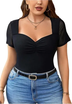 Floerns Women's Plus Size Mesh Short Sleeve Sweetheart Neck Ruched Bust Tee Shirts