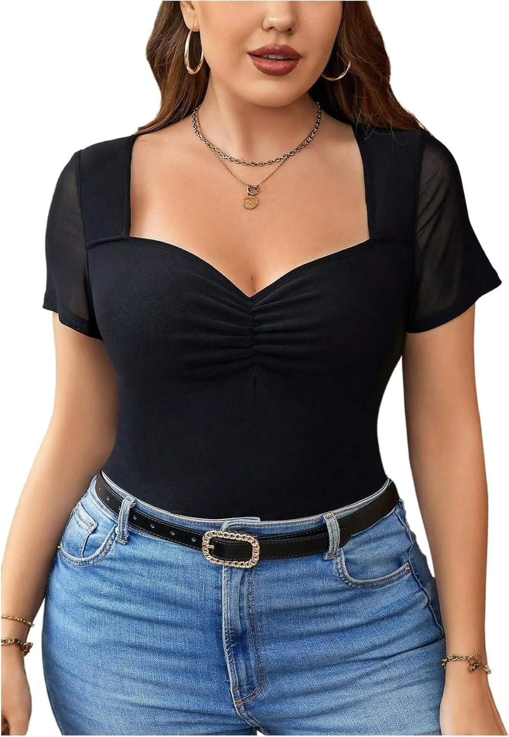 Floerns Women's Plus Size Mesh Short Sleeve Sweetheart Neck Ruched Bust Tee Shirts