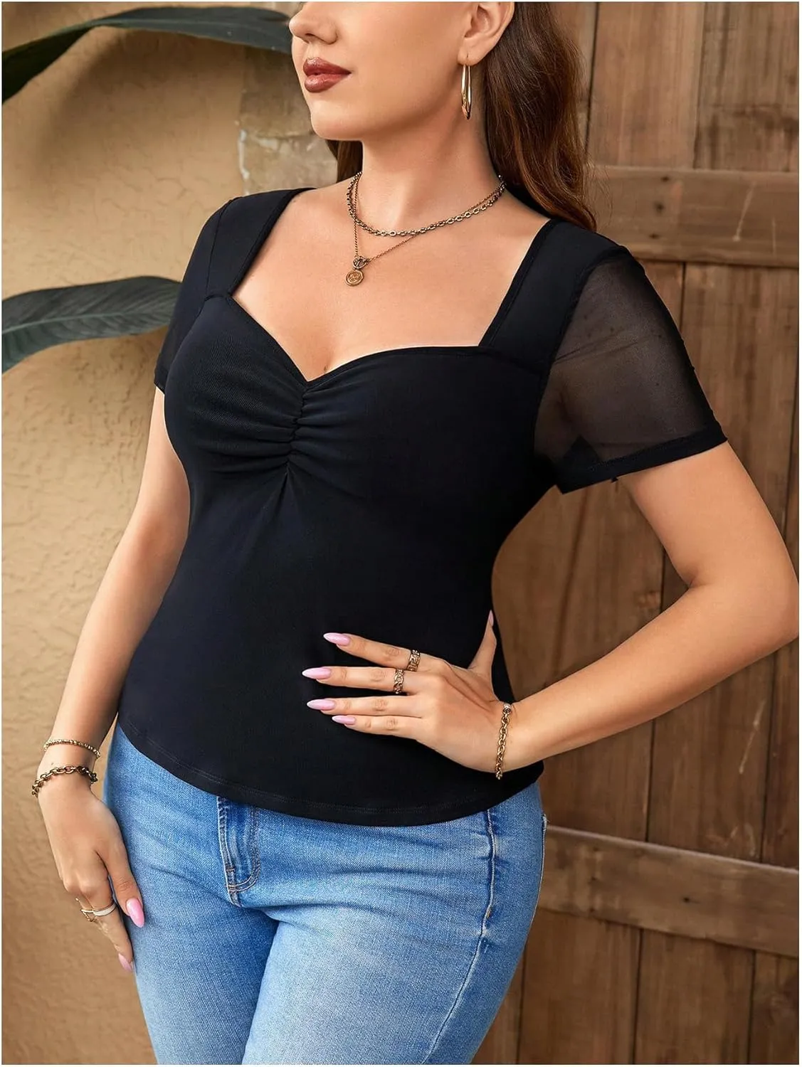 Floerns Women's Plus Size Mesh Short Sleeve Sweetheart Neck Ruched Bust Tee Shirts