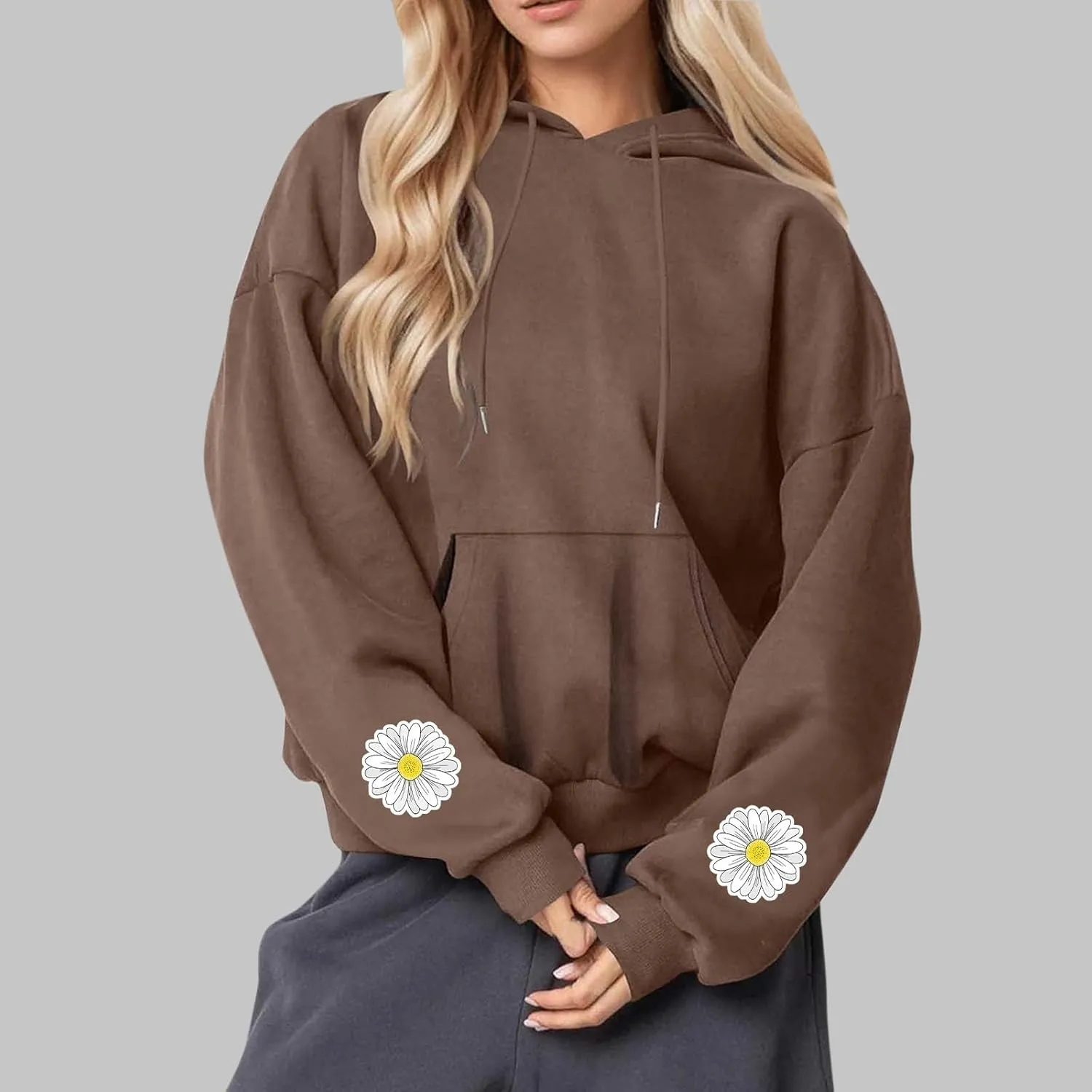 Floral Daisy Print Hoodie Women Oversized Casual Pullover Pocket Long Sleeve Sweatshirt Lounge Outfits