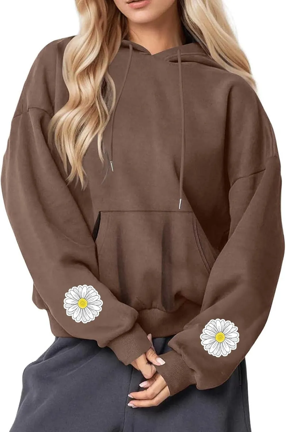 Floral Daisy Print Hoodie Women Oversized Casual Pullover Pocket Long Sleeve Sweatshirt Lounge Outfits