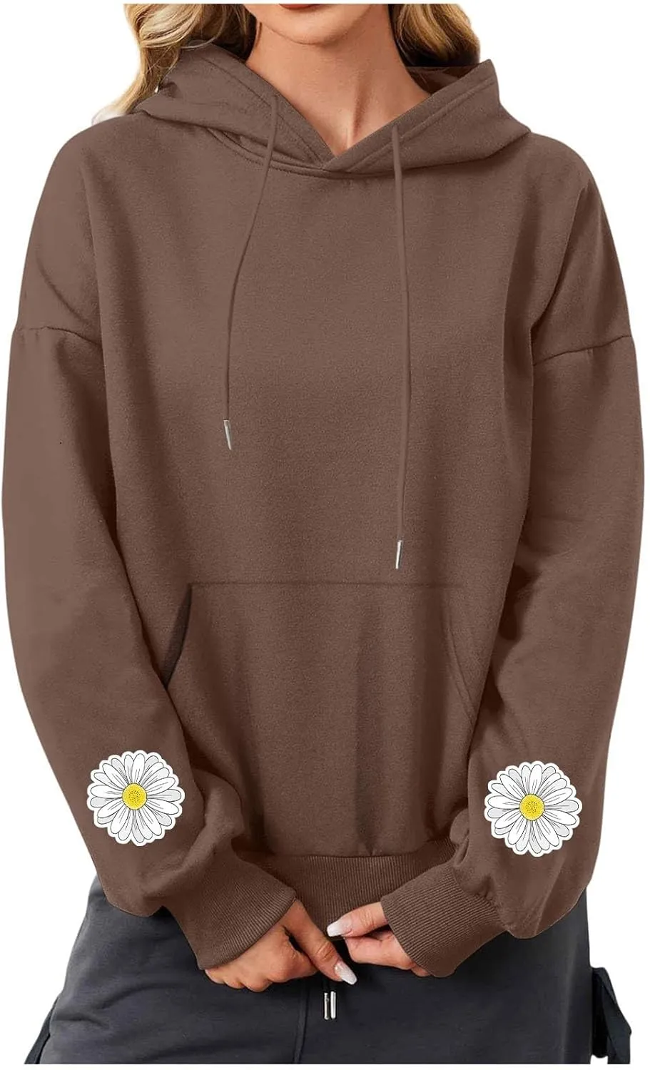 Floral Daisy Print Hoodie Women Oversized Casual Pullover Pocket Long Sleeve Sweatshirt Lounge Outfits