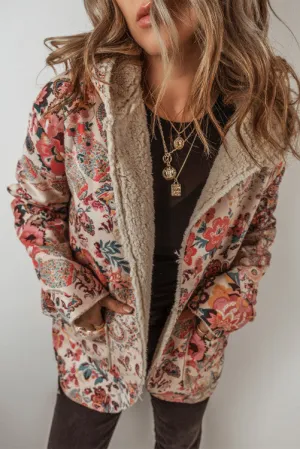Floral Hooded Sherpa Lined Jacket