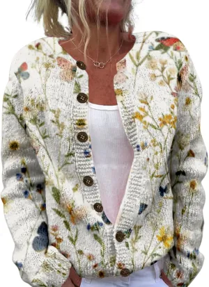 Floral Sweaters for Women Open Front Cardigan Chunky Long Sleeve Plus Size Button Up Fall Trendy Tunic Blouse