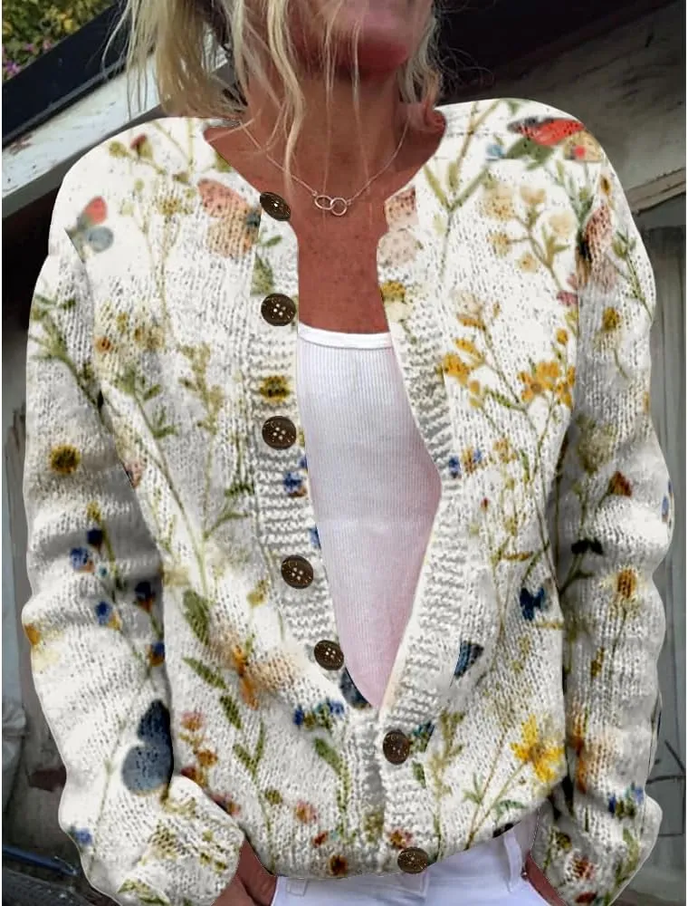 Floral Sweaters for Women Open Front Cardigan Chunky Long Sleeve Plus Size Button Up Fall Trendy Tunic Blouse