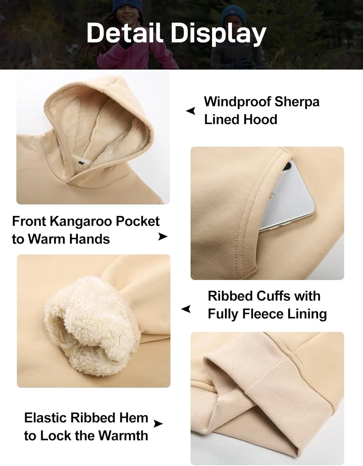 Flygo Unisex Boys Girls Fleece Lined Sherpa Hoodie Kids Warm Winter Hoodies Pullover Hooded Sweatshirt Sweater 4-13Y