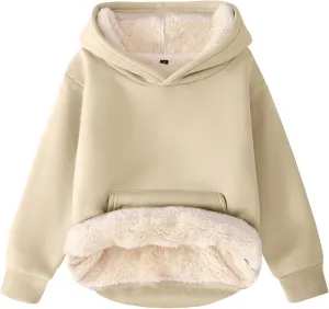 Flygo Unisex Boys Girls Fleece Lined Sherpa Hoodie Kids Warm Winter Hoodies Pullover Hooded Sweatshirt Sweater 4-13Y