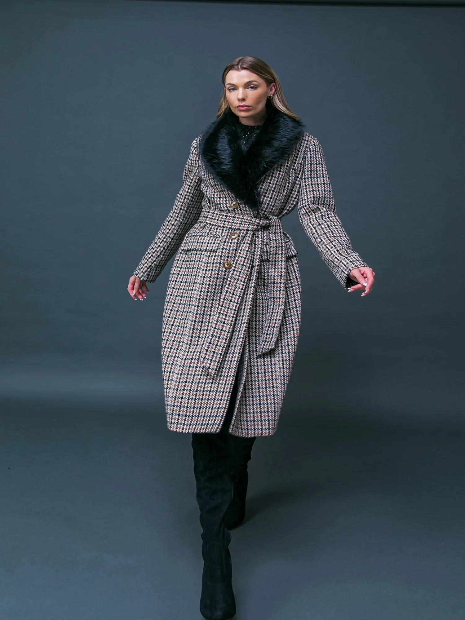 Flying Tomato Faux Fur Collar Houndstooth Coat - Brands We Love