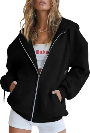 FOMOYUU Womens Oversized Zip Up Hoodie Y2K Jacket Baggy Loose Basic Zipper Hooded Sweatshirt Coat